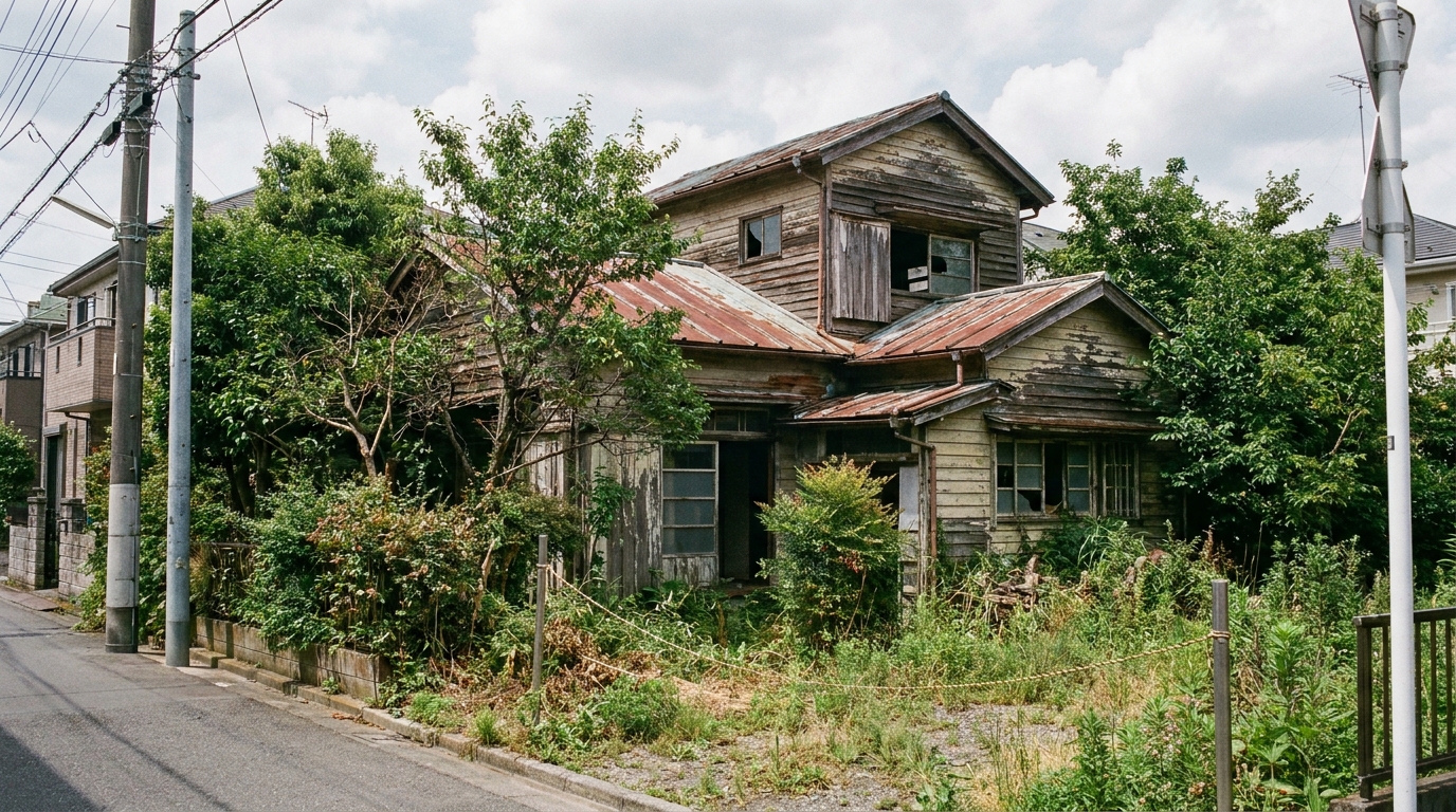 杉並区の住宅街に建つ、少し古くなった空き家の外観。庭の木が伸びており、管理の必要性を示唆している。