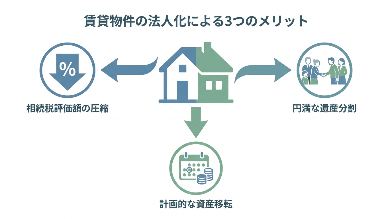 賃貸物件を法人化する3つの相続メリットを示した図解。相続税評価額の圧縮、円満な遺産分割、計画的な資産移転のアイコンが描かれている。