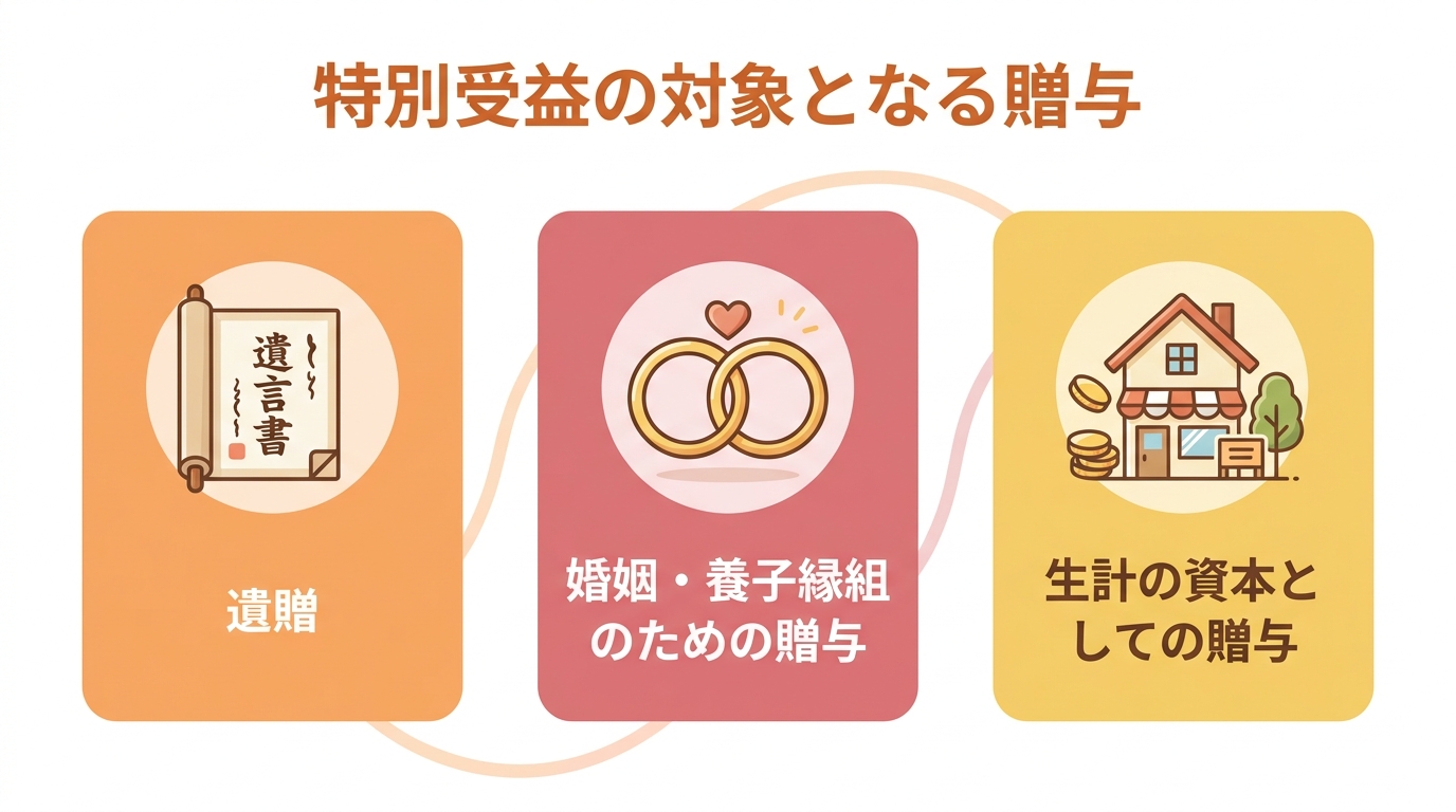 特別受益の対象となる3つの贈与（遺贈、婚姻・養子縁組のための贈与、生計の資本としての贈与）をアイコン付きで分かりやすく解説した図解。