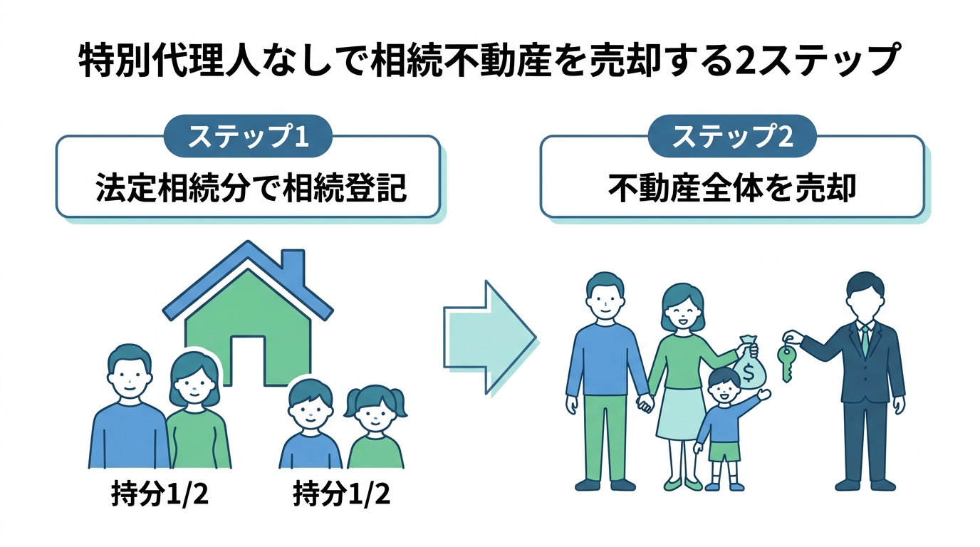 特別代理人なしで相続不動産を売却する2つのステップを示した図解。ステップ1で法定相続分で登記し、ステップ2で共有名義の不動産を第三者に売却する流れが描かれている。