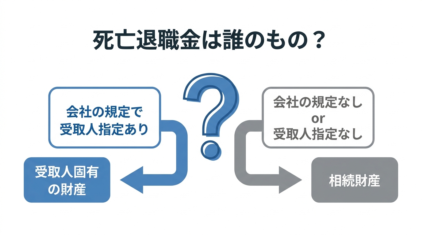 死亡退職金が相続財産か固有財産かを判断するフローチャート。「会社の規定で受取人指定あり」なら「固有の財産」、「規定なし」なら「相続財産」となることを示している。