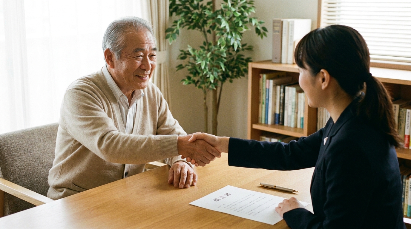 遺言書作成の相談を終え、司法書士と握手して安心する相談者。