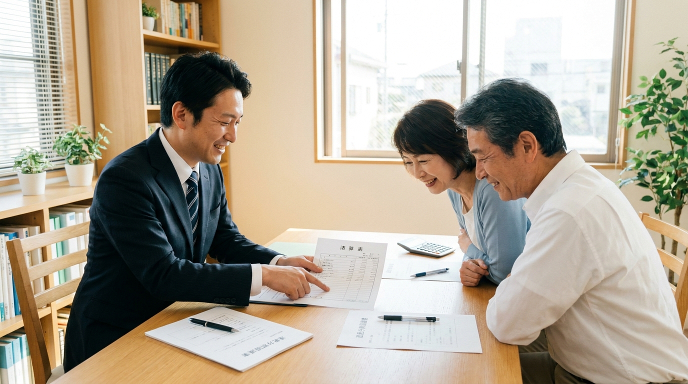 司法書士が相談者夫婦に清算表を見せながら説明し、相談者が安心している様子。