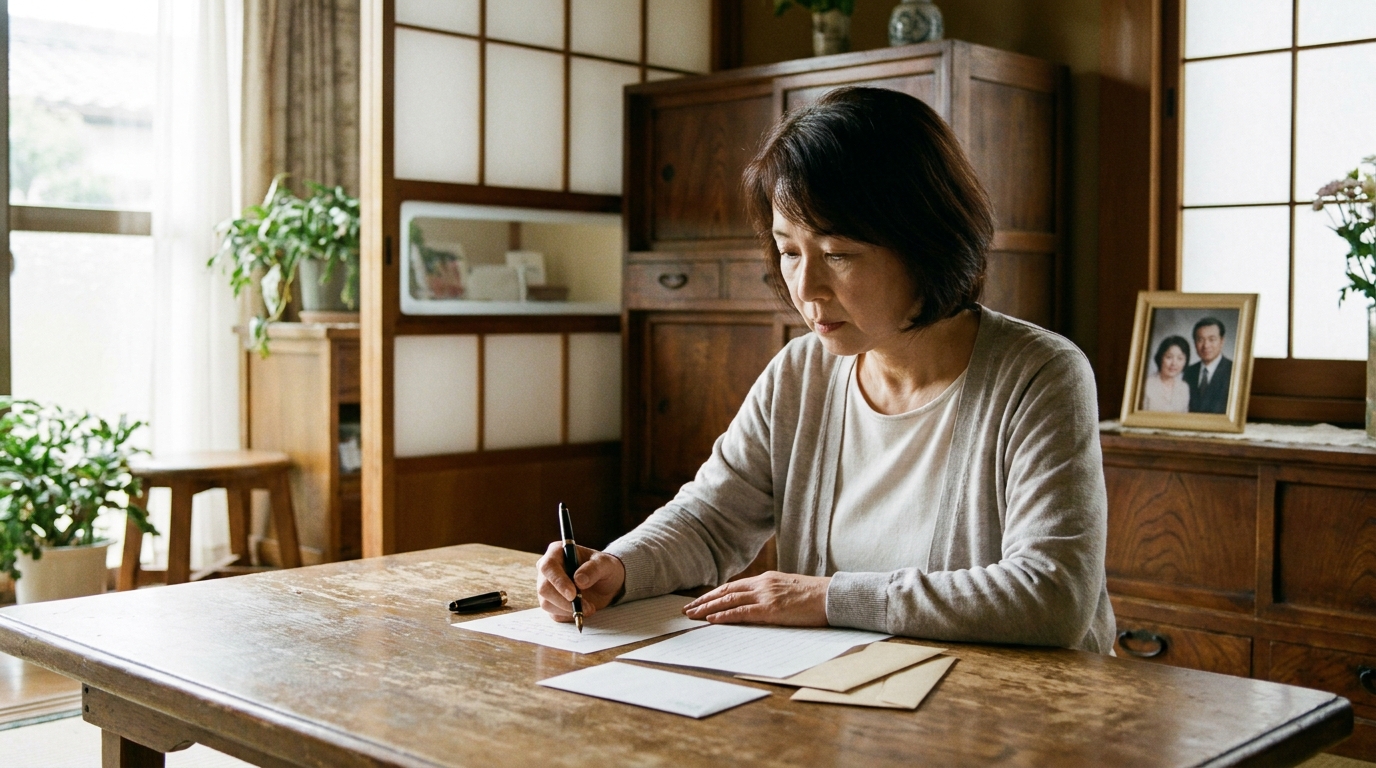 リビングで手紙を書く50代の女性。配偶者を亡くし、相続手続きのために義兄弟へ手紙を書いている様子。