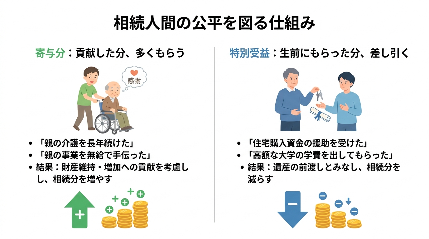 相続における寄与分と特別受益を比較する図解。左側には介護などで貢献した場合に相続分が増える「寄与分」、右側には生前贈与などで相続分が減る「特別受益」がイラスト付きで解説されている。