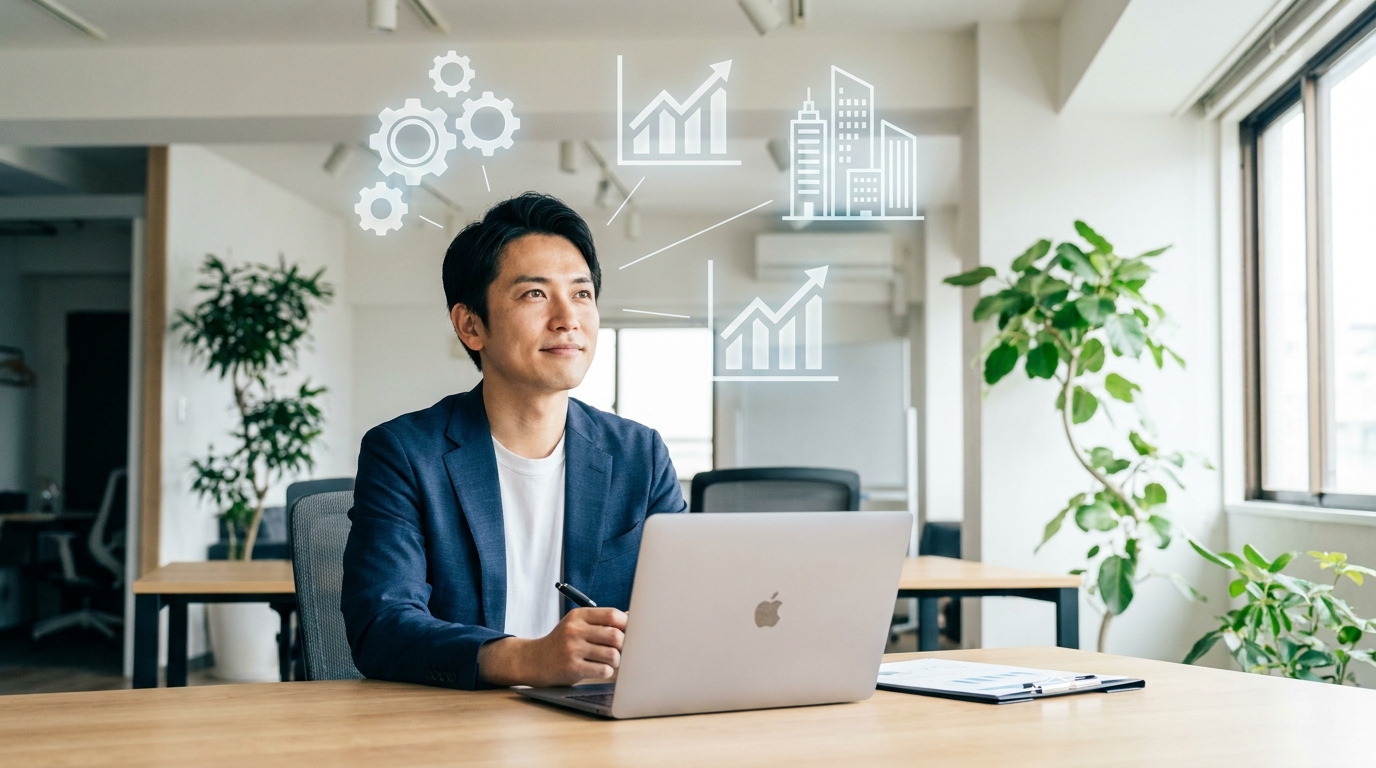 将来の事業計画を考えながら、戦略的な定款作成について思案する若い男性起業家のイラスト。