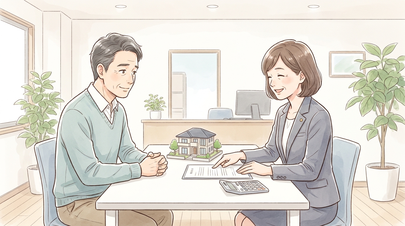 司法書士に代償分割の相談をし、安心した表情を浮かべる男性。専門家への相談で問題解決の糸口が見つかった様子。