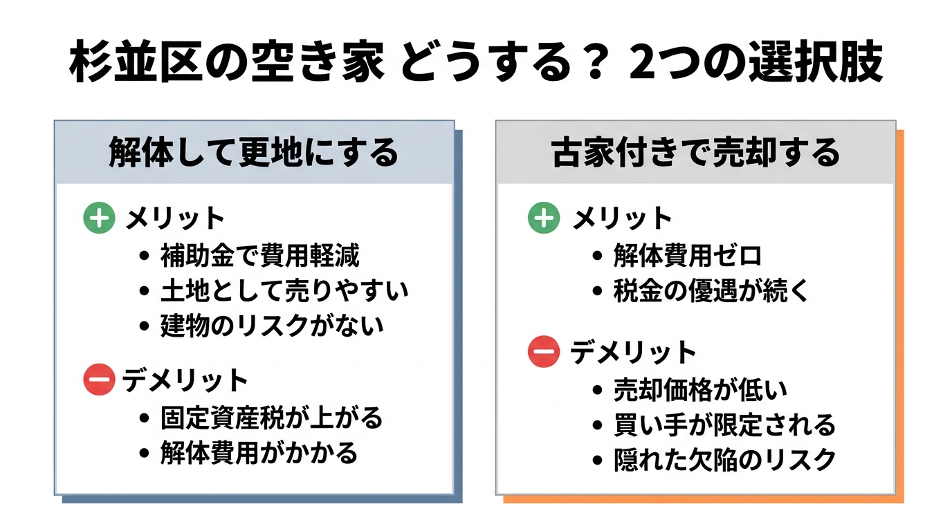 杉並区の空き家対策の2大選択肢を比較する図解。「解体して更地にする」場合のメリット・デメリットと、「古家付きで売却する」場合のメリット・デメリットをアイコン付きで分かりやすくまとめている。