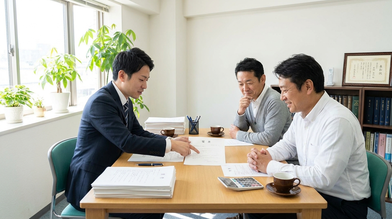 司法書士が相続人である兄弟に建物管理の覚書について説明している様子。円満な解決に向けた話し合いのイメージ。
