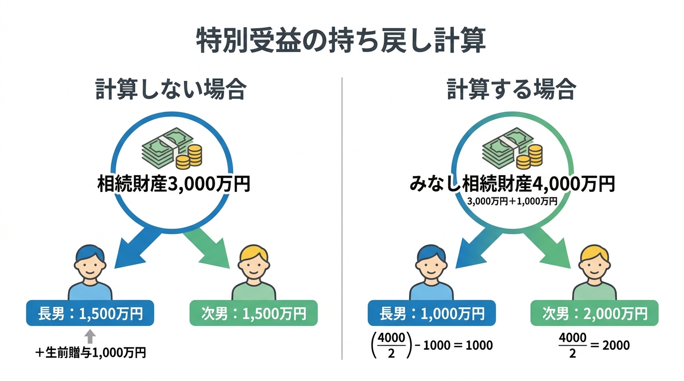 住宅資金1000万円の特別受益があった場合の相続分計算シミュレーション。持ち戻し計算をしない場合と、する場合の各相続人の取得額の違いを比較した図解。