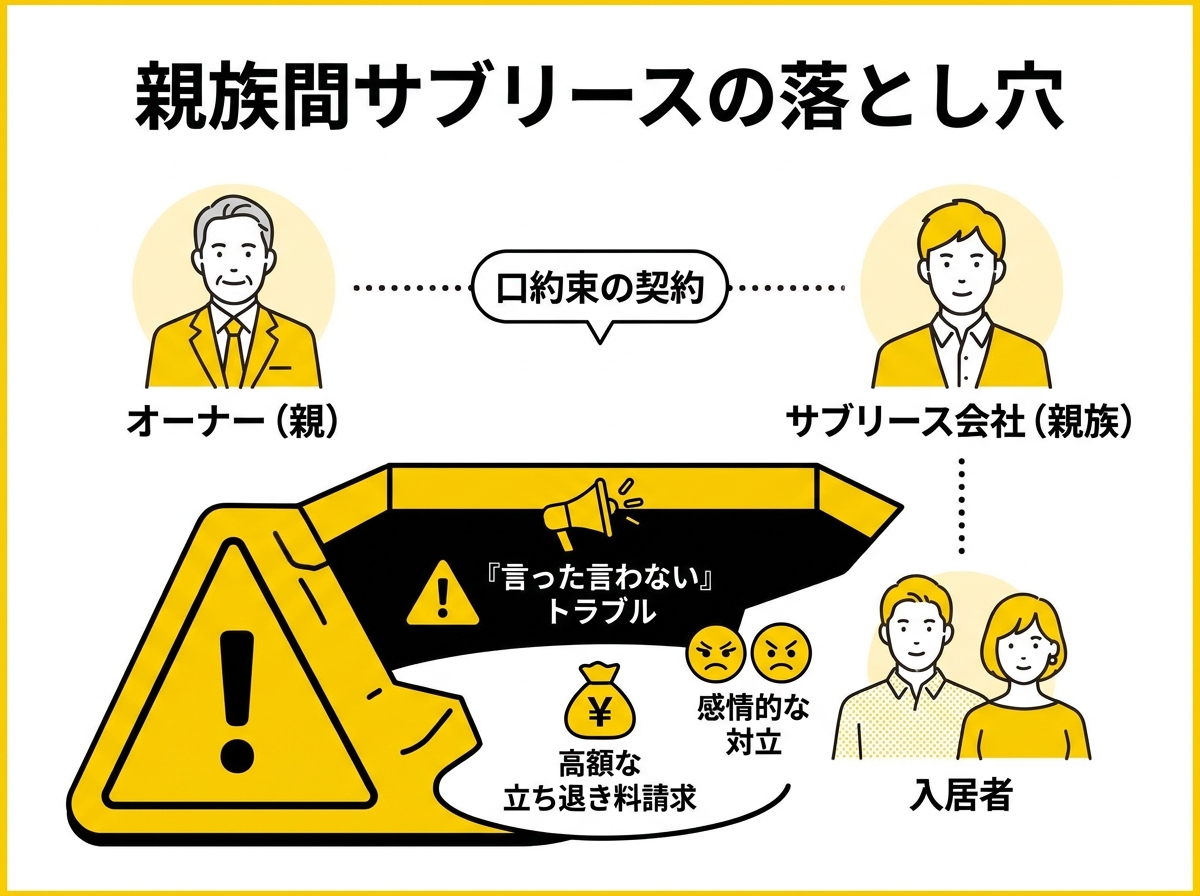 親族間サブリース契約のリスクを示した図解。口約束によるトラブル、立ち退き料請求、感情的対立の3つの落とし穴を解説。