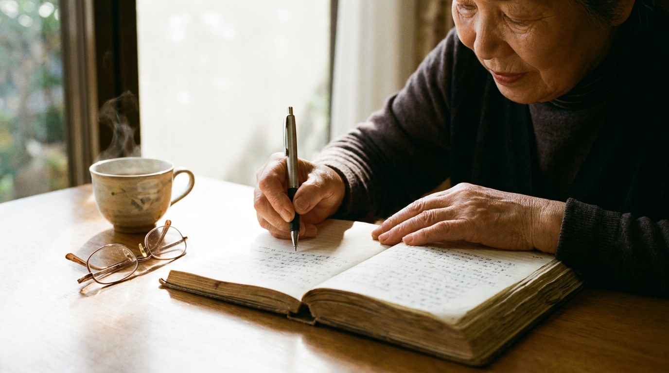 介護の記録をノートに書き込んでいる女性の手元。長年の介護の歴史を感じさせる一枚。