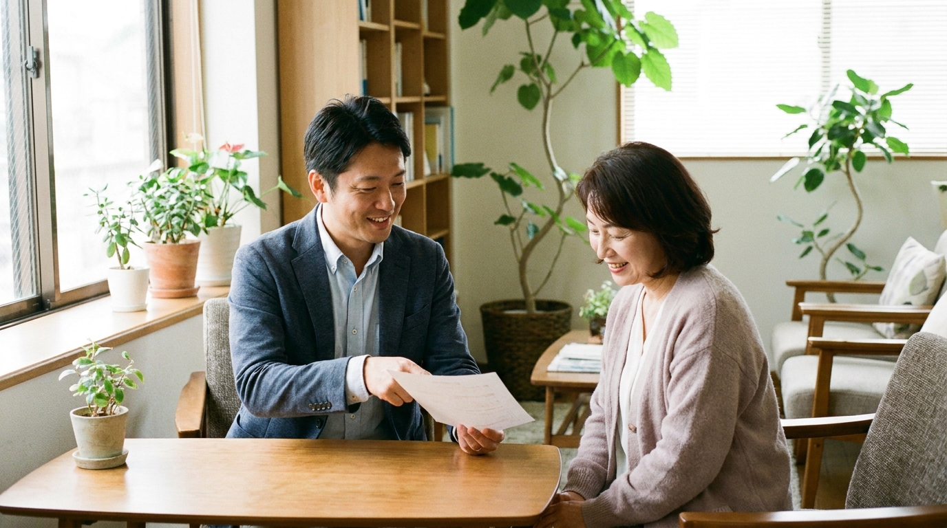 司法書士事務所で、死亡退職金について説明を受け、安心した表情を浮かべる女性相談者。