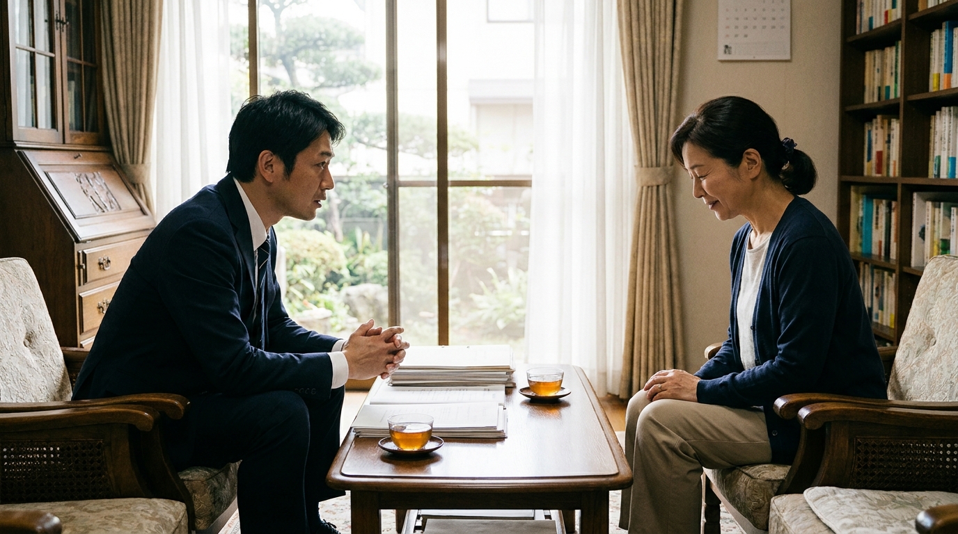 司法書士に相談し、安心した表情を浮かべる女性。専門家への相談の重要性を示している。