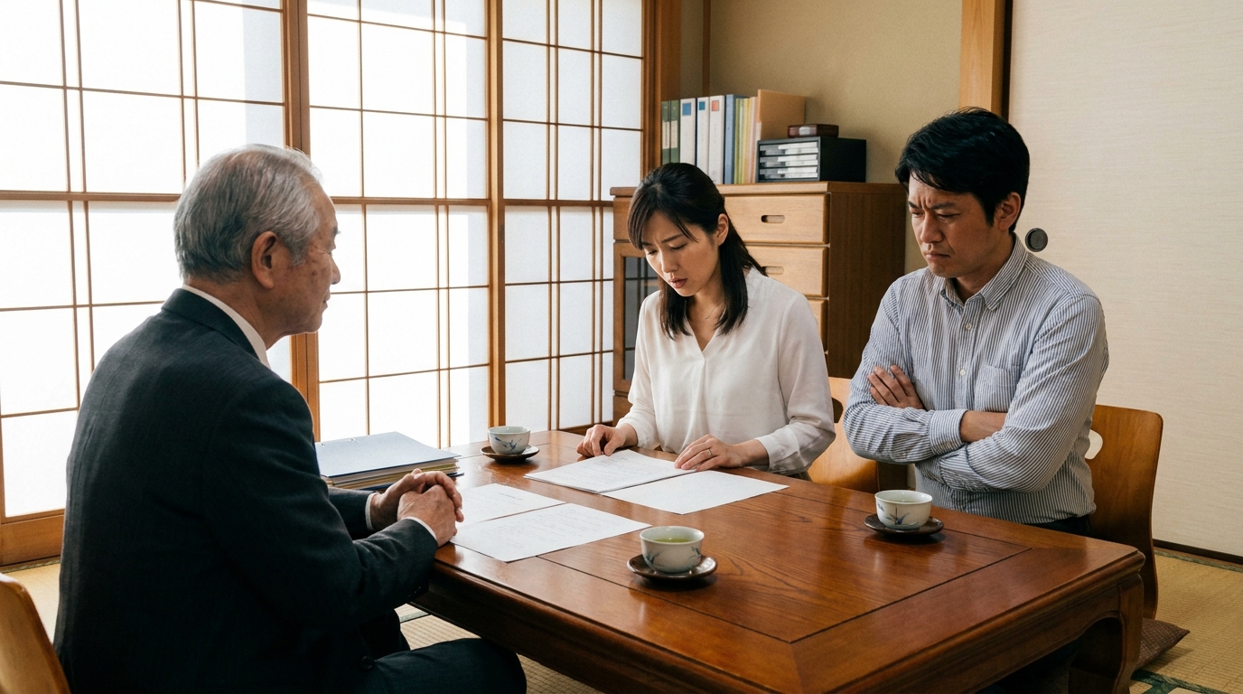 遺産分割調停で、調停委員を介して話し合う相続人たち