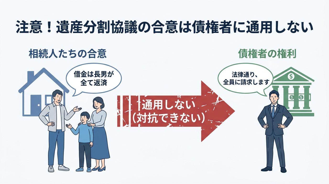 遺産分割協議で決めた借金の分担が債権者には通用しないという原則を示した図解。相続人間の合意と債権者の権利が対立している様子が描かれている。