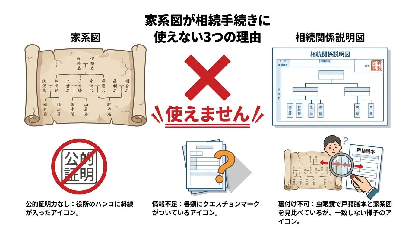 家系図が相続手続きに使えない3つの理由を解説する図解。公的証明力がない、情報が不足している、戸籍で裏付けできないという3点がアイコンと共に示されている。