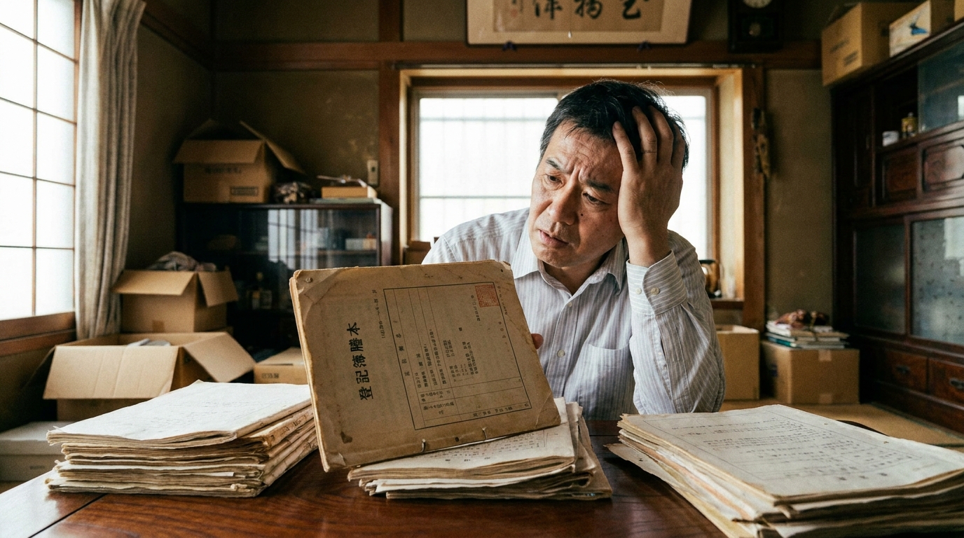 相続した実家の登記簿謄本を見て、抵当権が残っていることに気づき困惑している様子の人物。