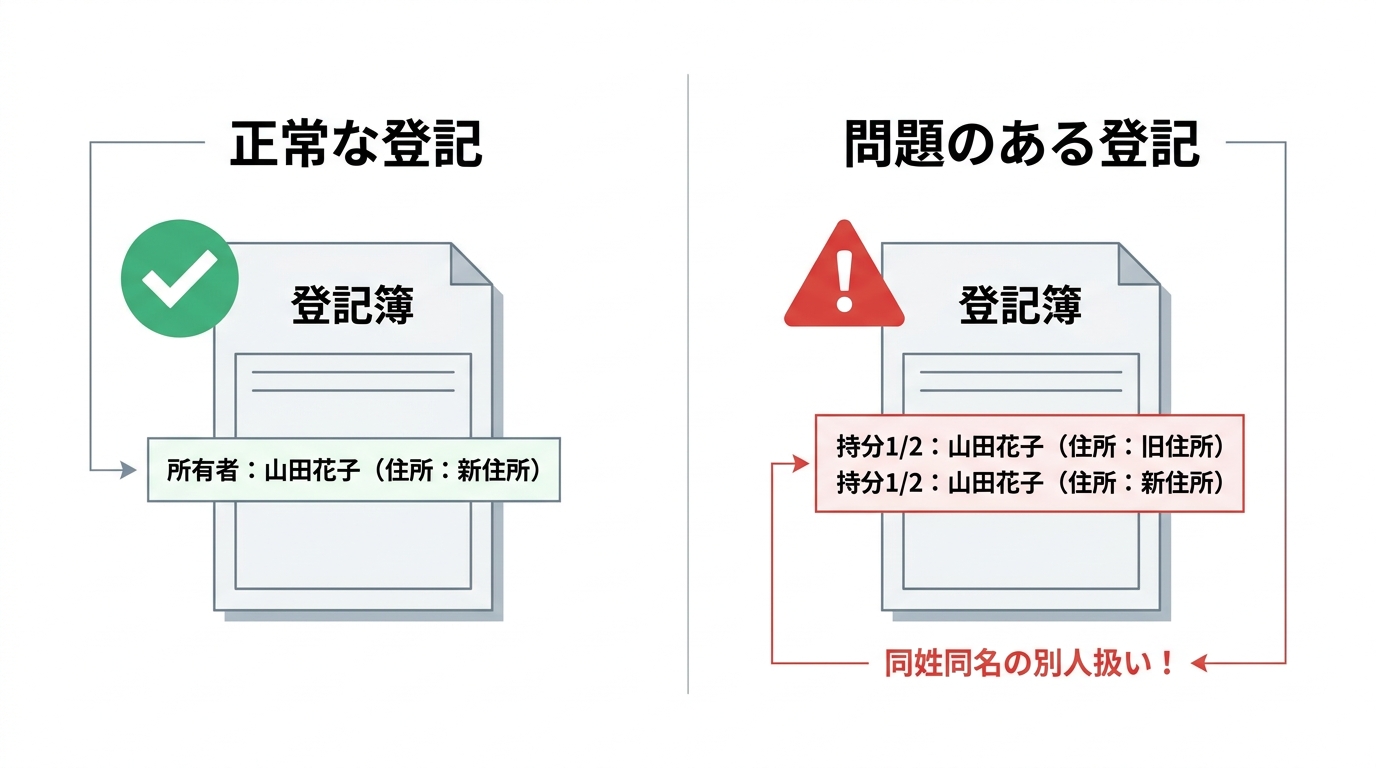 住所変更登記をしないまま相続登記した場合の登記簿の状態を示した比較図解。正常な登記と問題のある登記の違いが示されている。