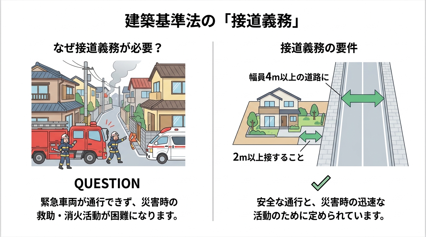 建築基準法の接道義務を説明する図解。左に緊急車両が入れない様子、右に幅4mの道路に2m接する正しい敷地の図が描かれている。