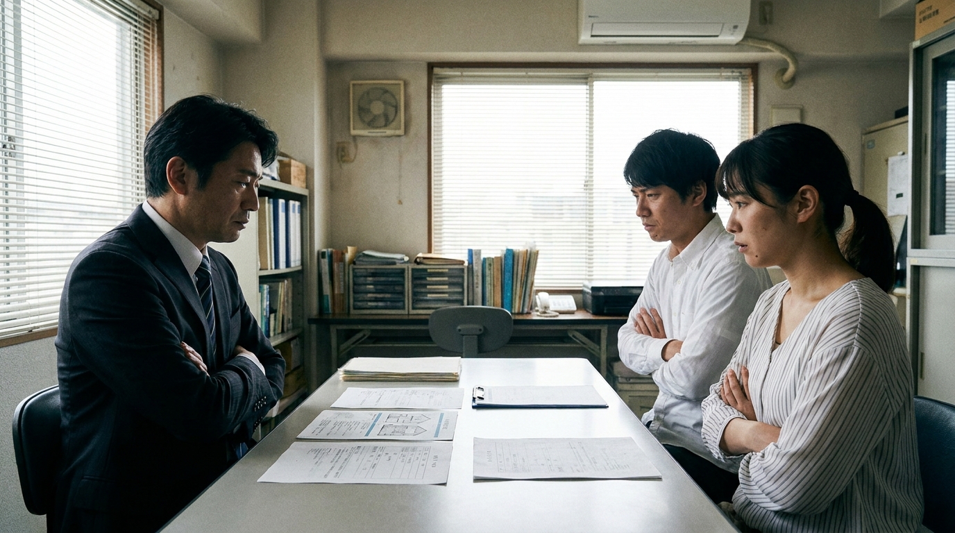 遺産分割協議で揉めている様子の相続人たち。後継者と思われる男性が他の相続人に頭を下げている。