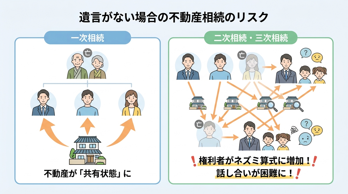 遺言がない場合の不動産相続で共有者が増えていく問題を示す図解。一次相続で子供3人が共有し、二次相続以降で孫の世代まで権利者が増え、問題が複雑化する様子が描かれている。
