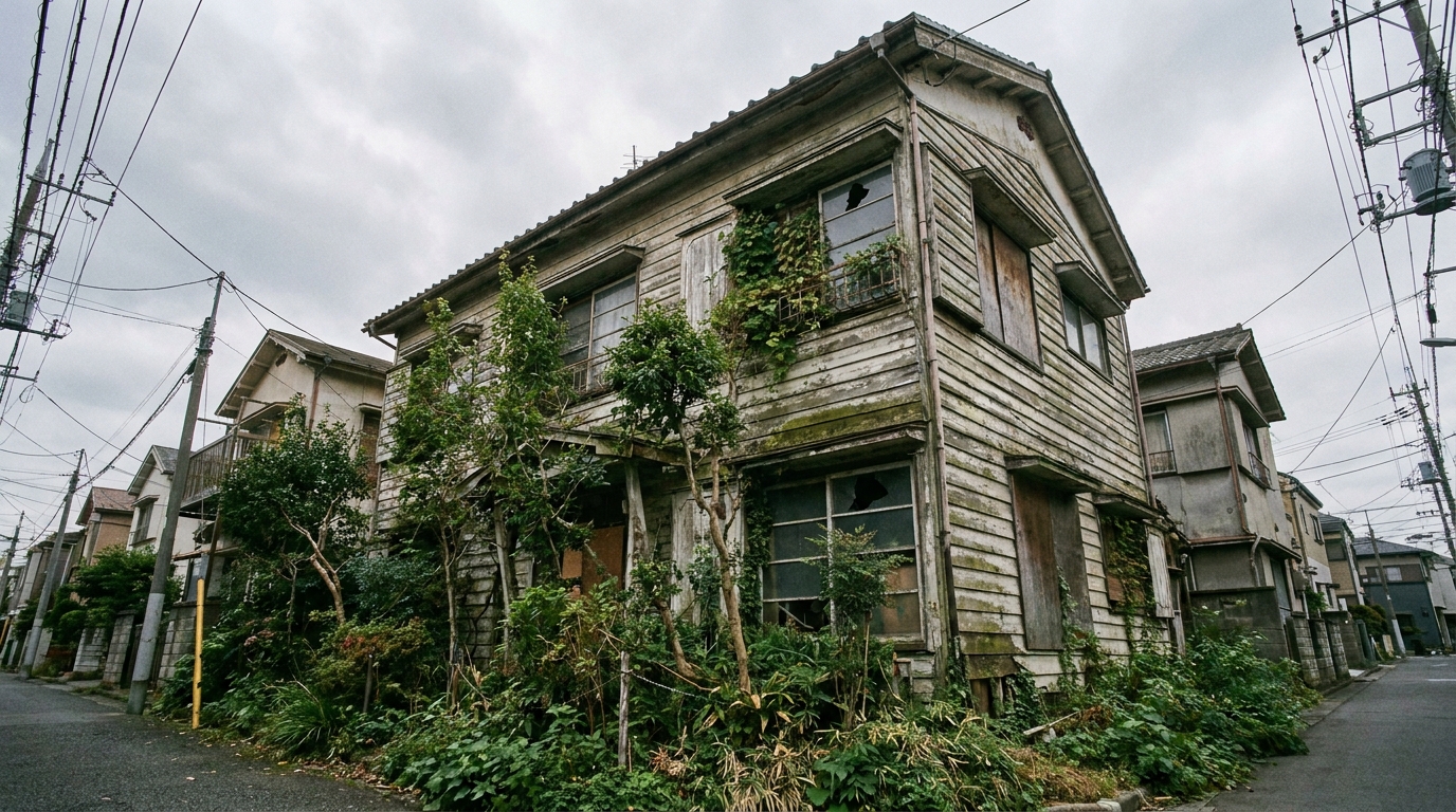 世田谷区の放置された空き家。庭には雑草が生い茂り、建物の老朽化が進んでいる様子。空き家放置のリスクを象徴している。