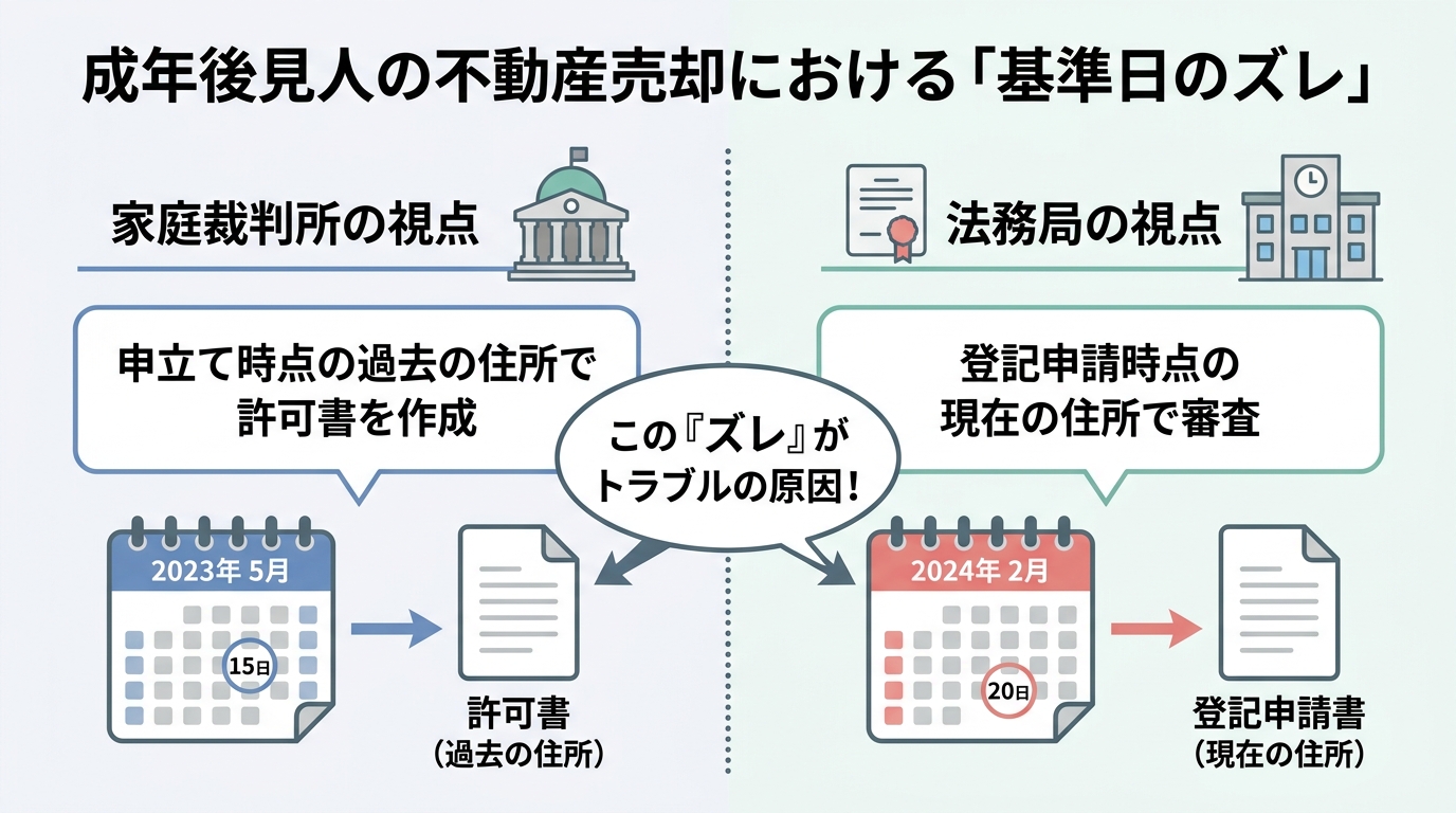 家庭裁判所と法務局の視点の違いを示す図解。裁判所は申立て時点の過去の情報を、法務局は申請時点の現在の情報を基準にしているため、住所の食い違いトラブルが起こることを示している。
