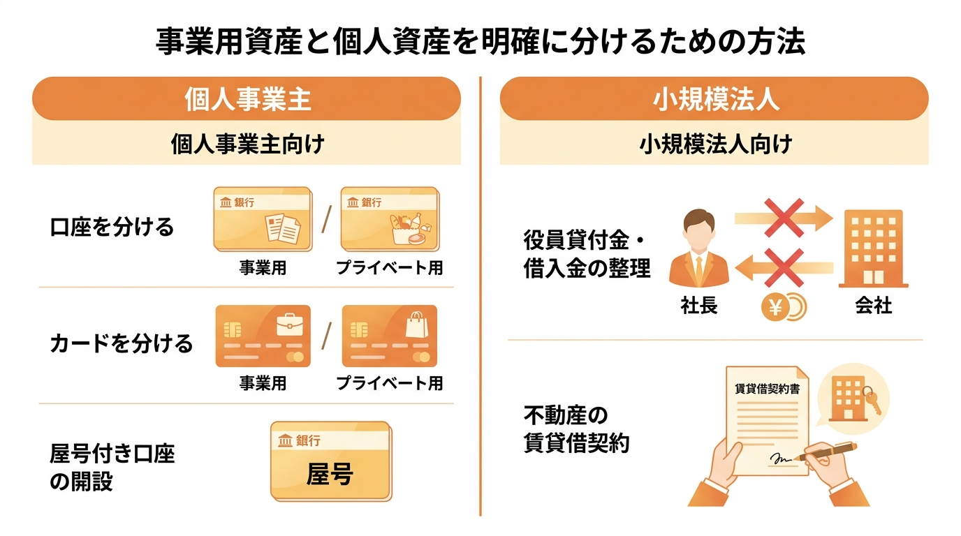 事業用資産と個人資産を分ける具体的な方法を図解したインフォグラフィック。個人事業主は口座やカードを分け、小規模法人は役員貸付金などを整理する方法が示されている。