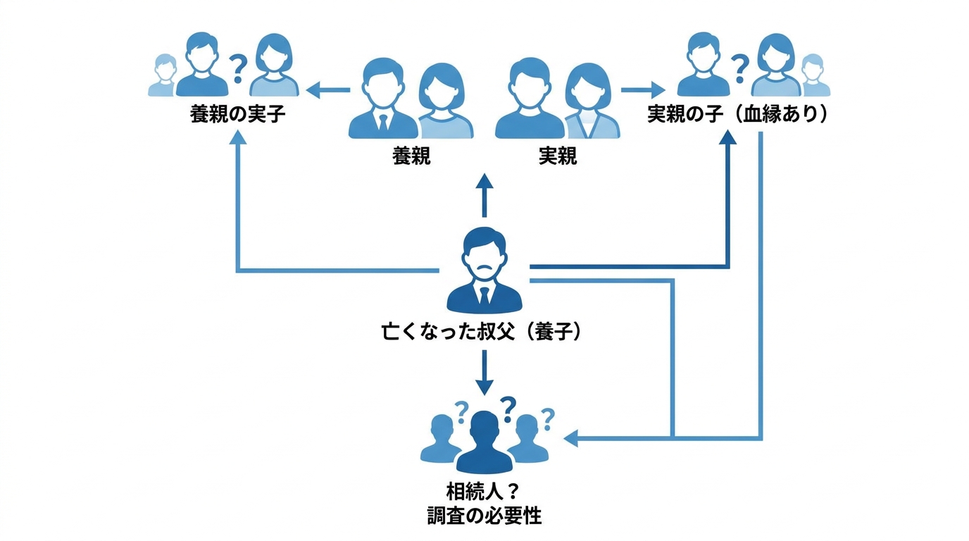 子がいない叔父が養子だった場合の複雑な相続関係図。養親側と実親側の両方に兄弟姉妹がいる可能性があり、相続人調査が広範囲に及ぶことを示している。