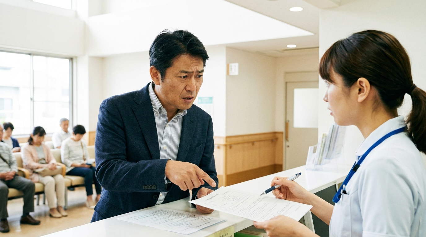 病院の受付で入院手続きの書類を前に困惑する成年後見人