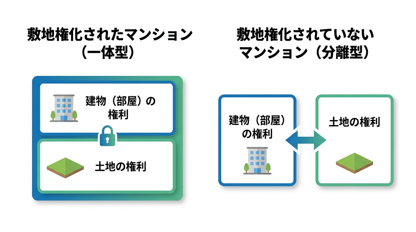 敷地権化されたマンションと、されていないマンションの登記上の違いを比較した図解。敷地権化済みは権利が一体化され、未了の場合は建物と土地の権利が分離していることを示している。