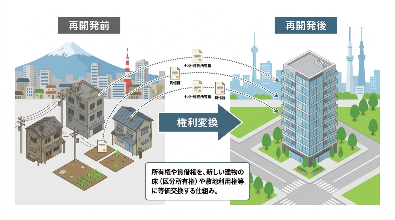 都市再開発事業における権利変換の仕組みを図解したインフォグラフィック。再開発前の古い建物の権利が、新しいマンションの権利に交換されるプロセスが示されている。
