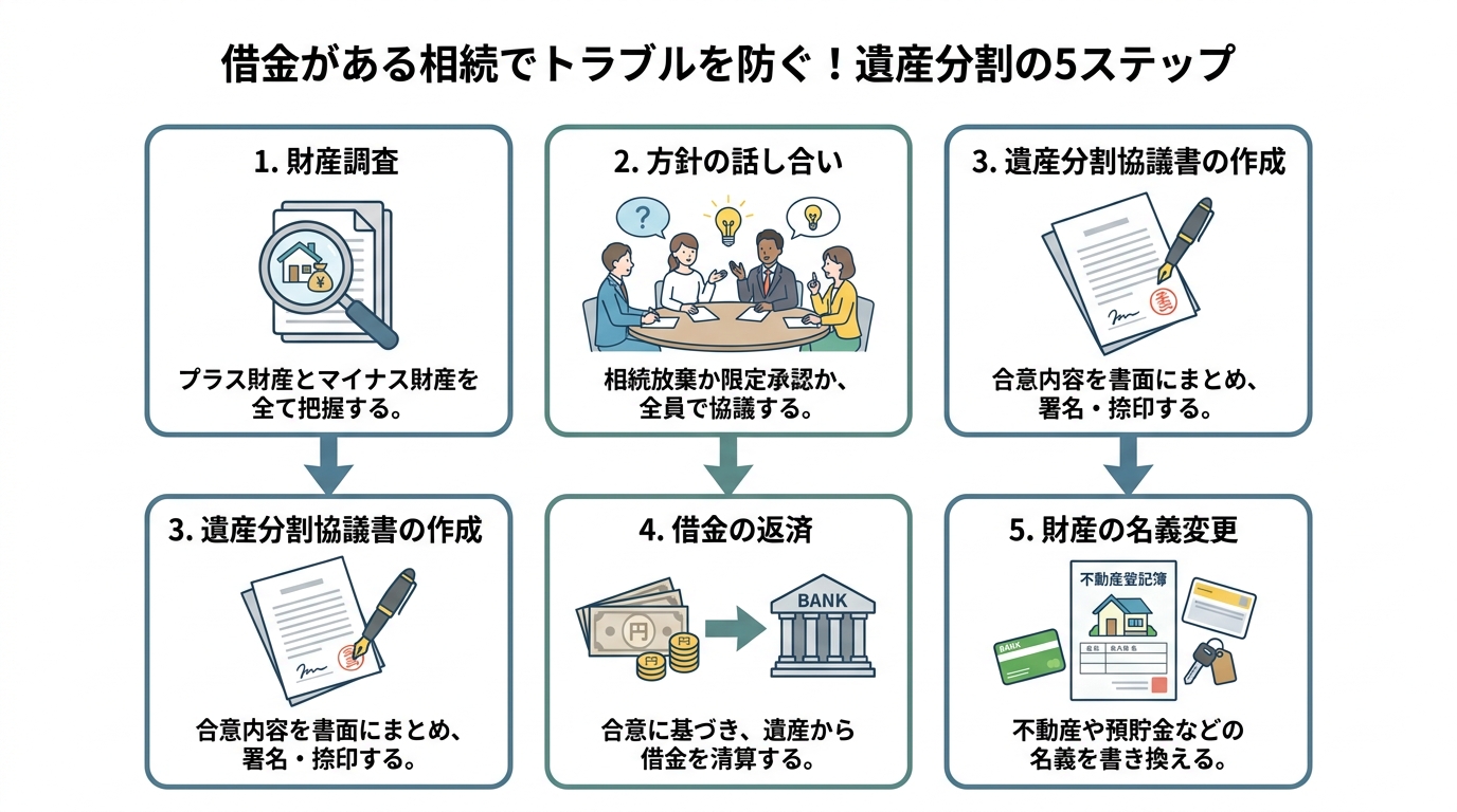 借金がある場合の遺産分割を円滑に進めるための5つのステップ（財産調査、方針の話し合い、遺産分割協議書作成、借金返済、名義変更）を示したフローチャート。