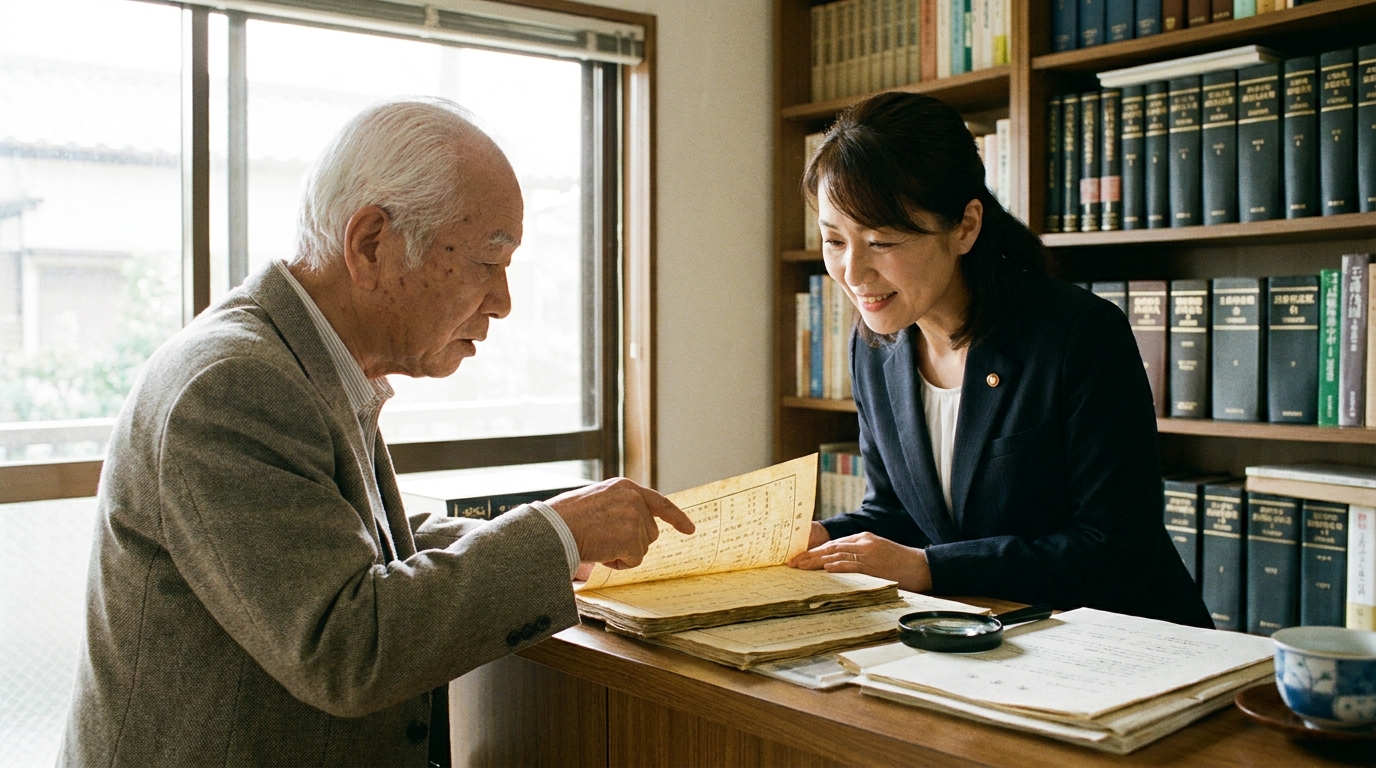 司法書士に戸籍謄本の読み方について相談している様子の写真。専門家が丁寧に書類を確認している。