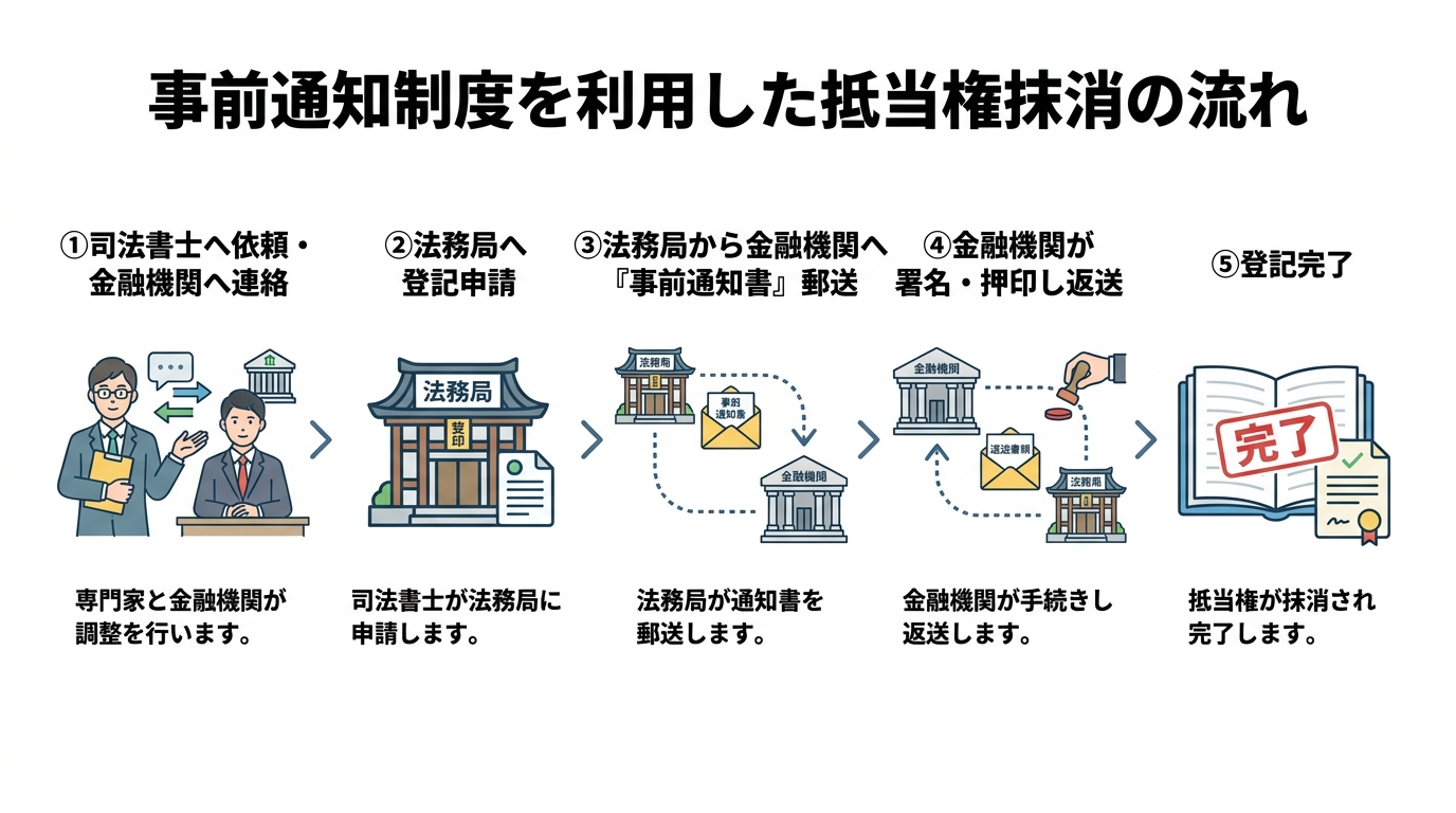 事前通知制度を利用した抵当権抹消登記の5つのステップ（依頼→申請→郵送→返送→完了）を分かりやすく図解したインフォグラフィック。
