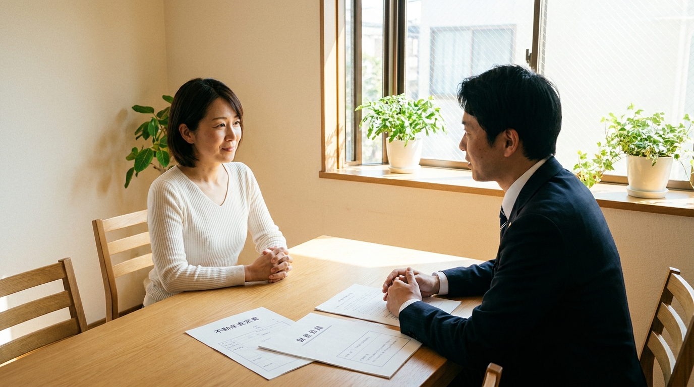 司法書士から不動産査定書と財産目録を見せられ、説明を受けて安堵する女性相談者。相続問題の解決策が見えてきた様子。