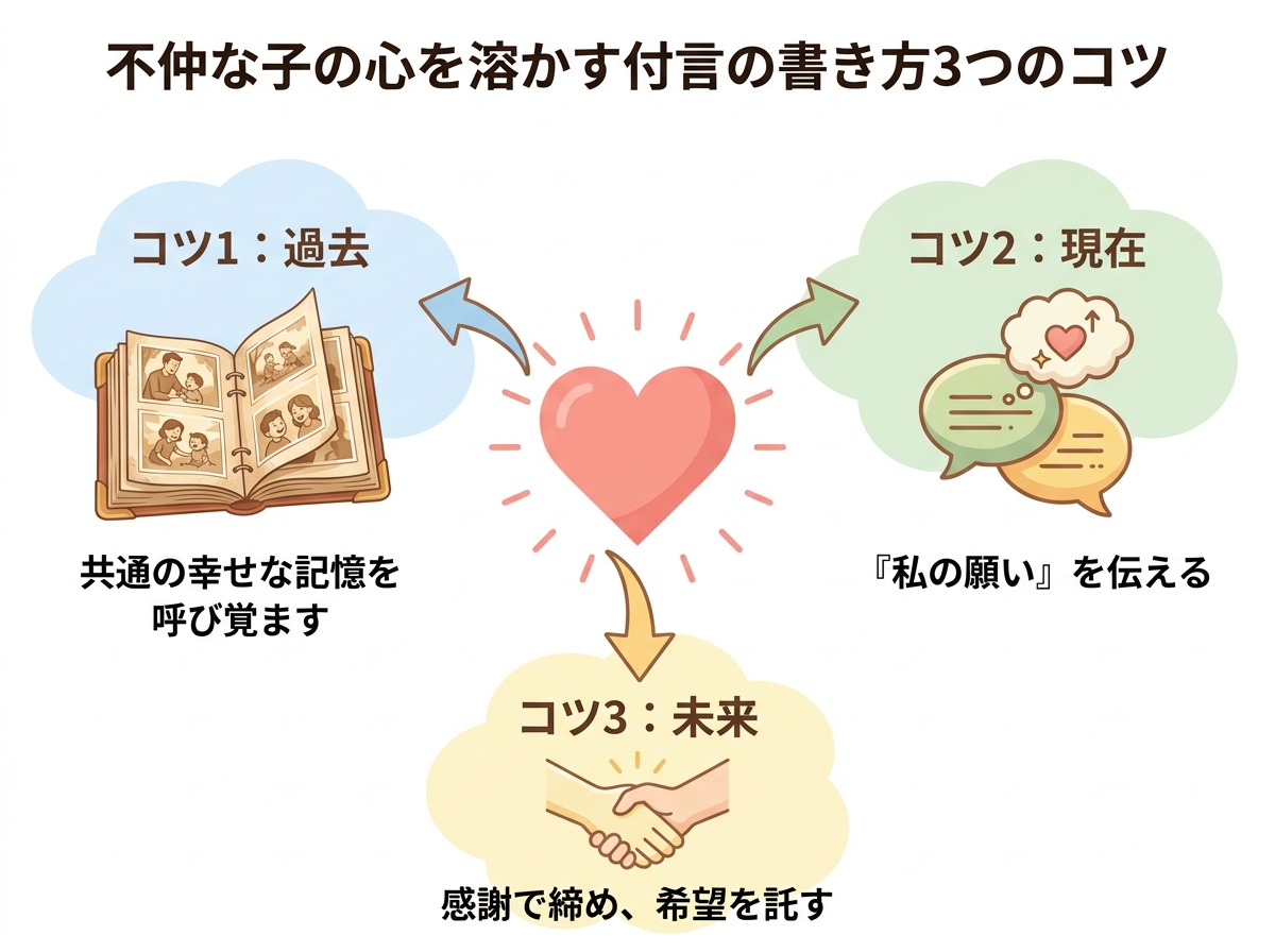 不仲な子の心を溶かす付言の書き方3つのコツを図解。過去の記憶、現在の願い、未来への希望と感謝の3要素を示している。
