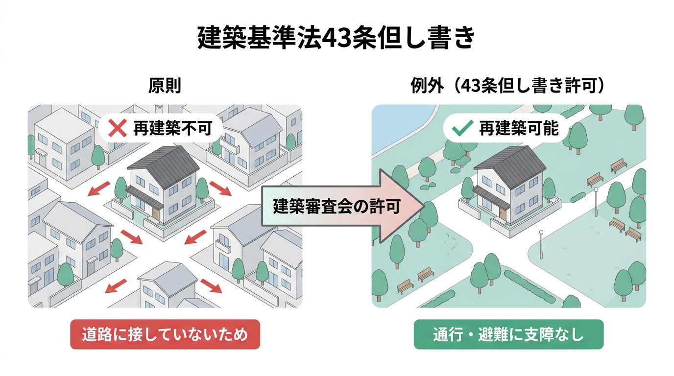 建築基準法43条但し書きの概念図。道路に接していない「再建築不可」の家が、公園に隣接することで建築審査会の許可を得て「再建築可能」になる流れを示している。