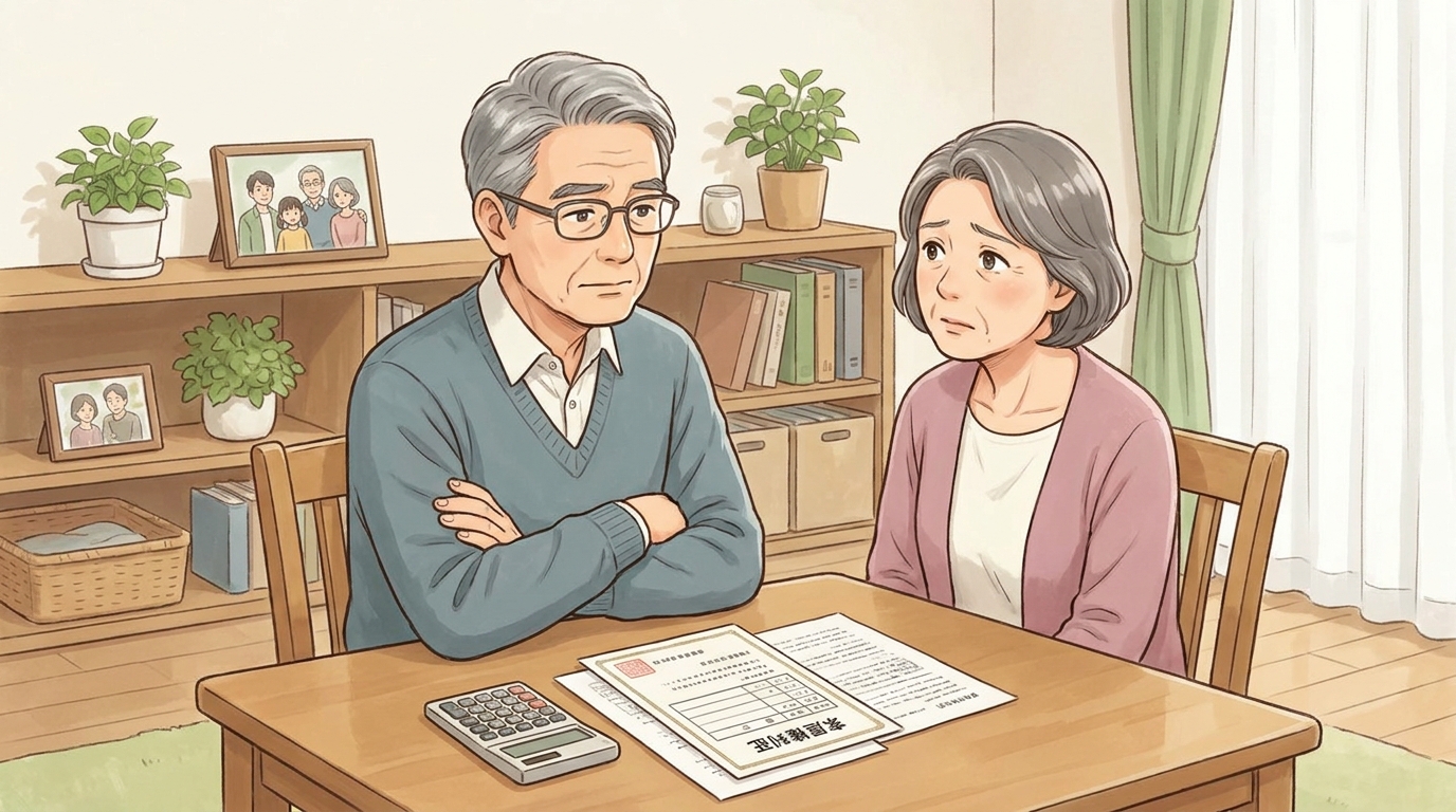 遺言書を作成すべきかリビングで話し合う初老の夫婦。夫は腕を組んで考え込み、妻は心配そうに見守っている。