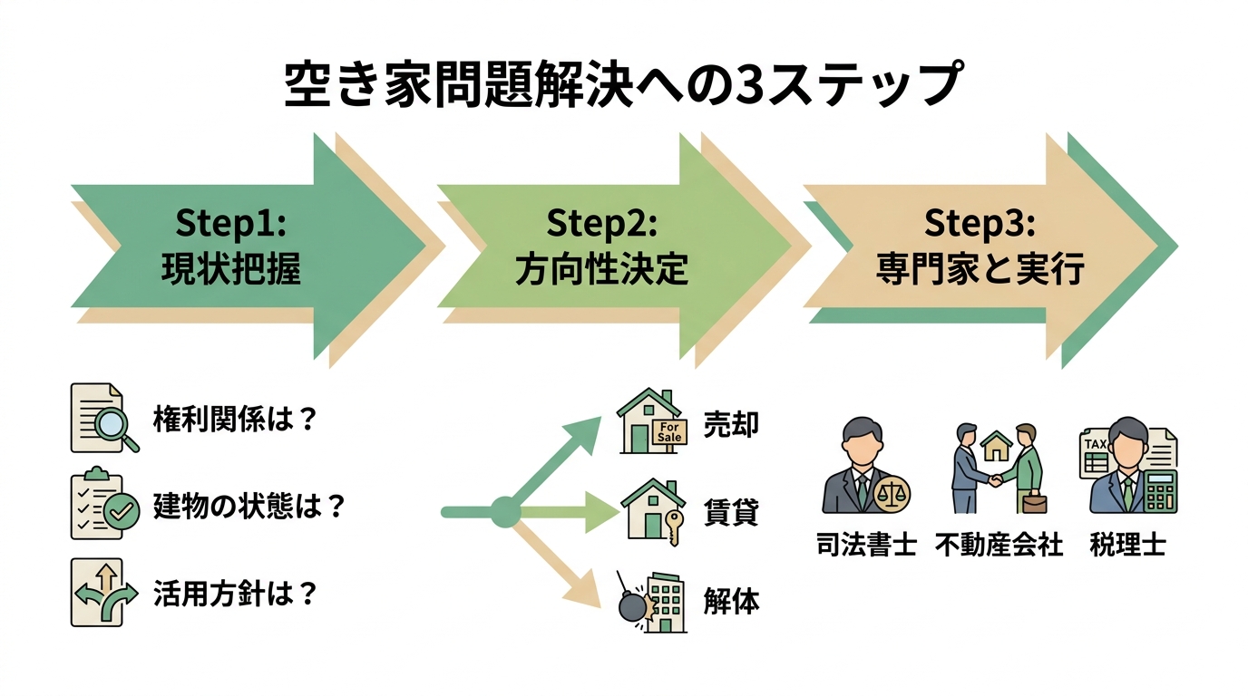 空き家問題解決への3ステップを図解したインフォグラフィック。Step1は現状把握、Step2は方向性決定(売却・賃貸・解体)、Step3は専門家と実行という流れを示している。