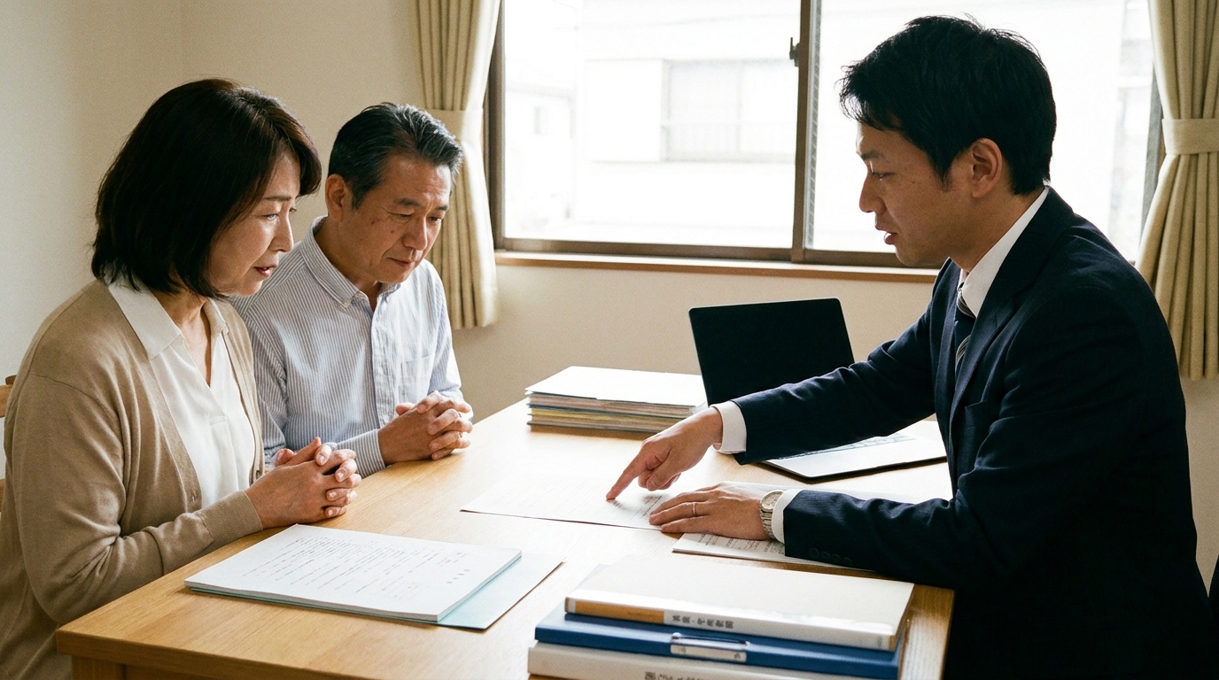 司法書士が依頼者夫婦に書類を見せながら説明している相談風景。専門家による丁寧な対応で問題解決に導く様子を表現している。
