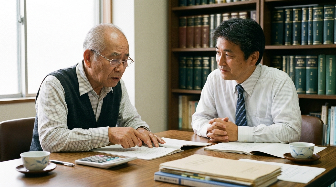 司法書士に事業承継の相談をする初老の男性経営者。真剣な表情で話す経営者と、親身に耳を傾ける司法書士の様子。