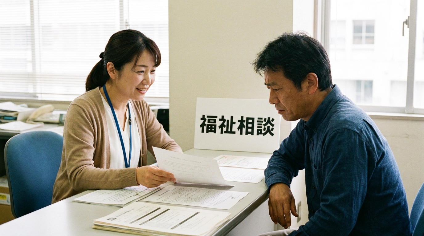 福祉事務所で生活保護の相談をしている成年後見人のイラスト。専門家が親身に話を聞いており、公的支援の重要性を示唆している。
