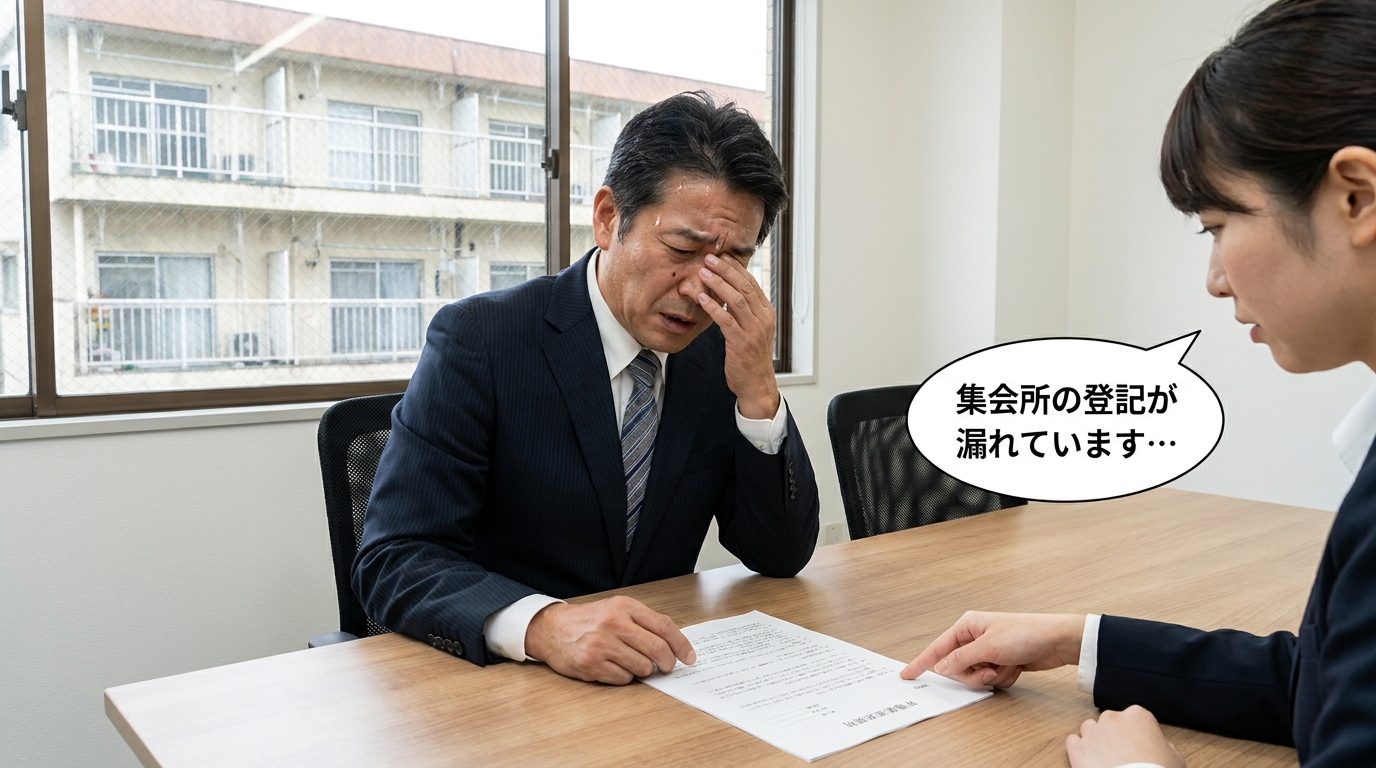 相続したマンションの売却時に、集会所の持分登記漏れを指摘され、契約がストップして困っている男性のイラスト。