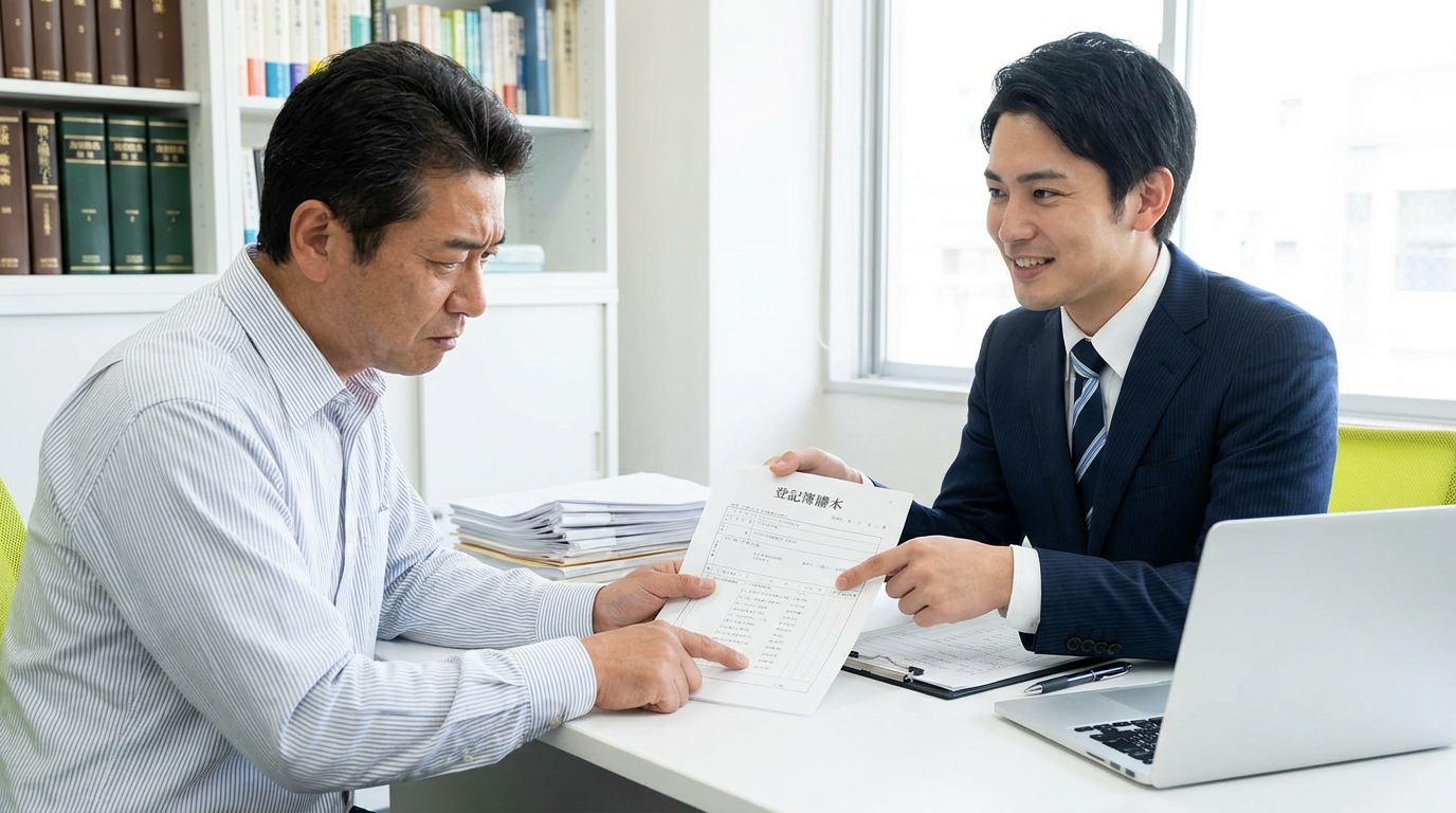 司法書士が再開発マンションの複雑な登記簿について相談者に説明している様子。専門家への相談の重要性を示唆している。