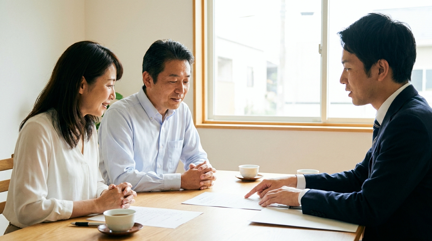 司法書士から遺産分割協議書について説明を受け、安心した表情を浮かべる相談者夫婦。