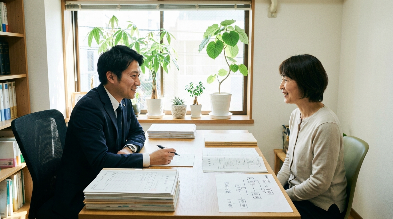 司法書士が相続関係説明図の作成について相談に乗っている様子。机に広げられた書類を見ながら、親身に話を聞いている。