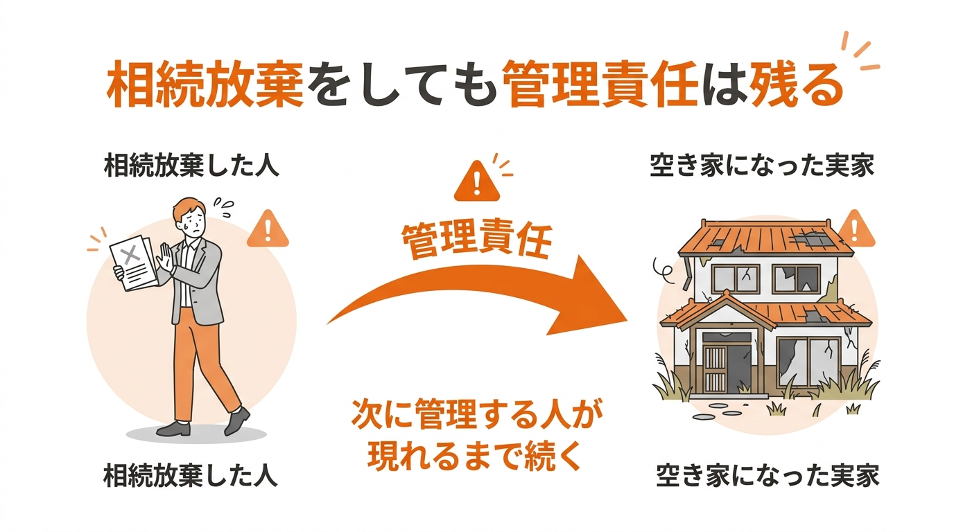 相続放棄後の空き家の管理責任についての図解。相続放棄をしても、次の管理者が決まるまで責任が残ることを示している。
