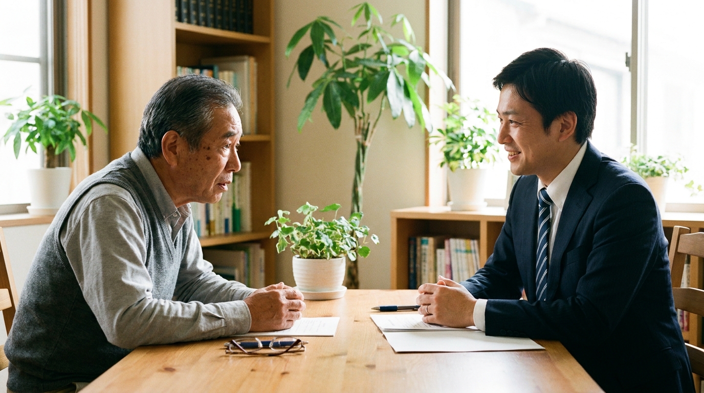 司法書士が相談者の想いを丁寧にヒアリングしている様子。専門家に相談することの安心感を表現。